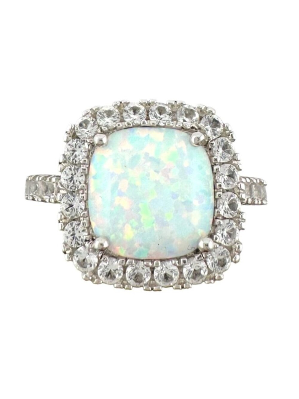 Cushion Cut Lab Created White Opal and White Topaz Ring Size 7